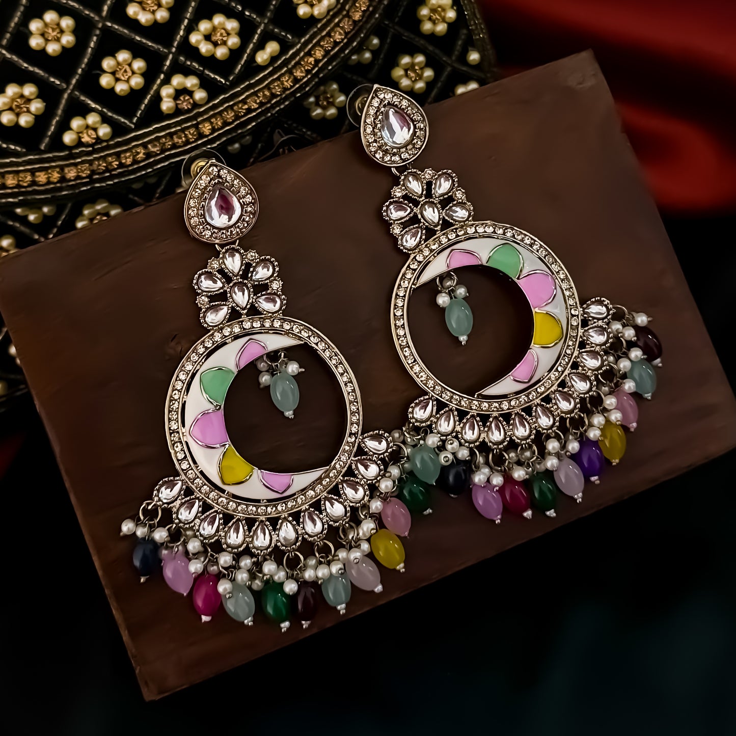 Kunica Kundan Pearl Chandbali Earrings - Multi