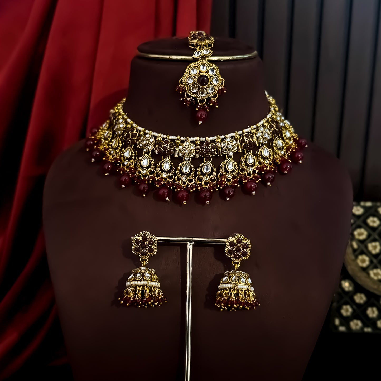 Etika Premium Kundan Necklace Set - Maroon