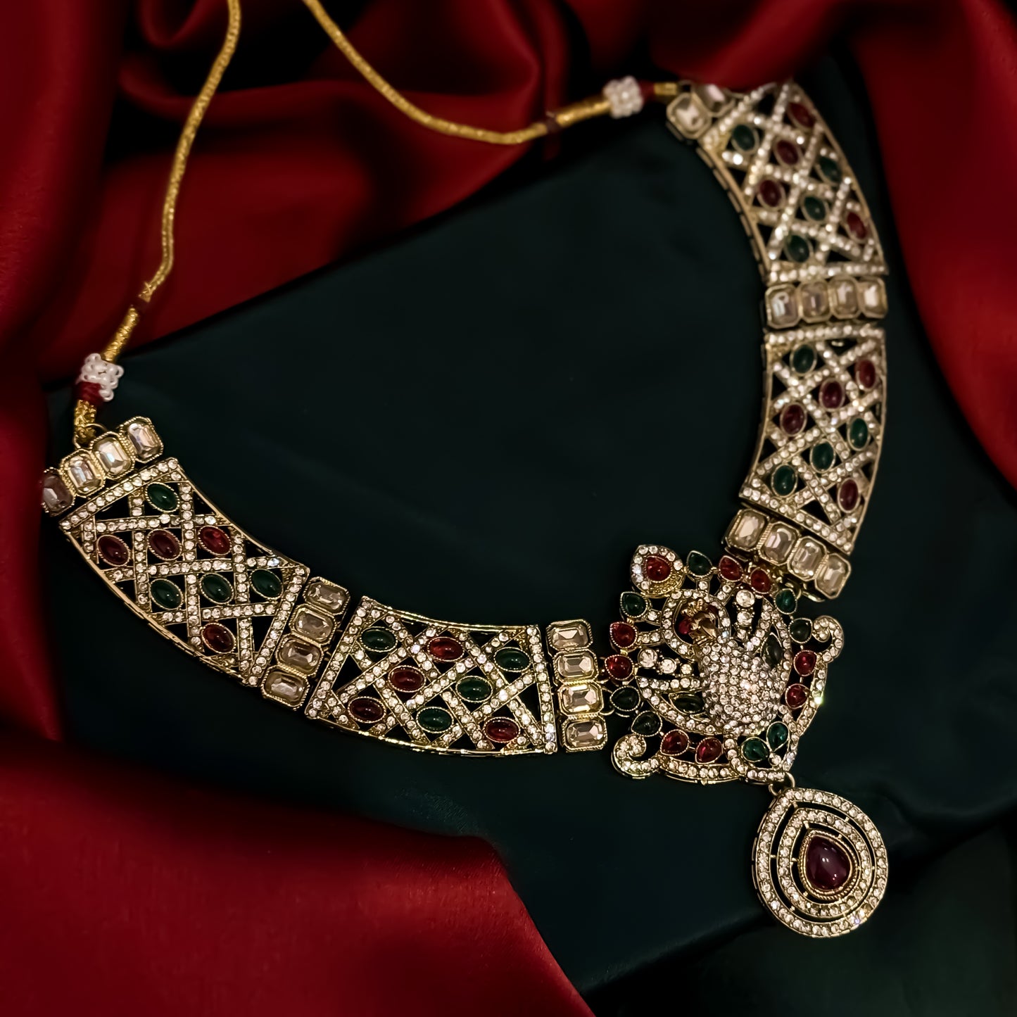 Yasmin Peacock Reverse AD Necklace Set - Pink & Green