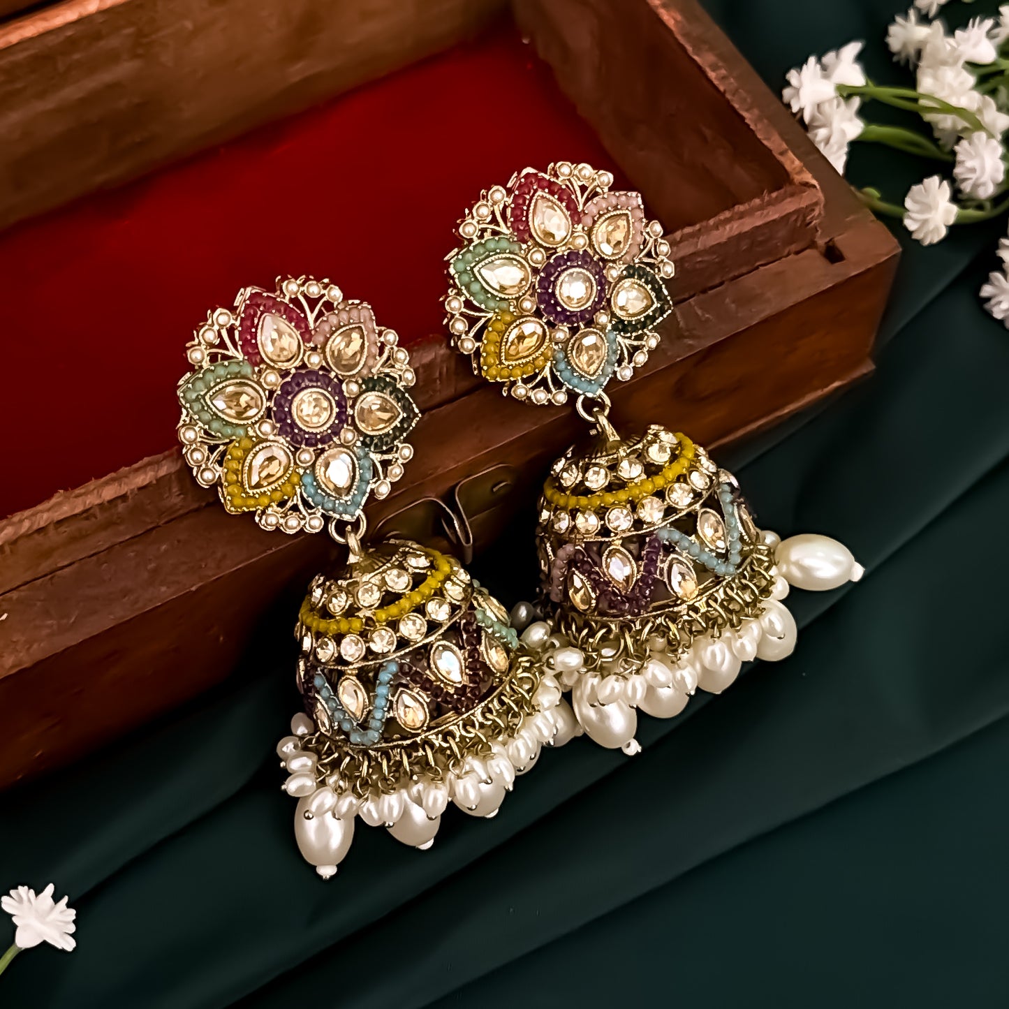 Varuna Jadau Reverse AD Jhumka & Teeka Set - Multi