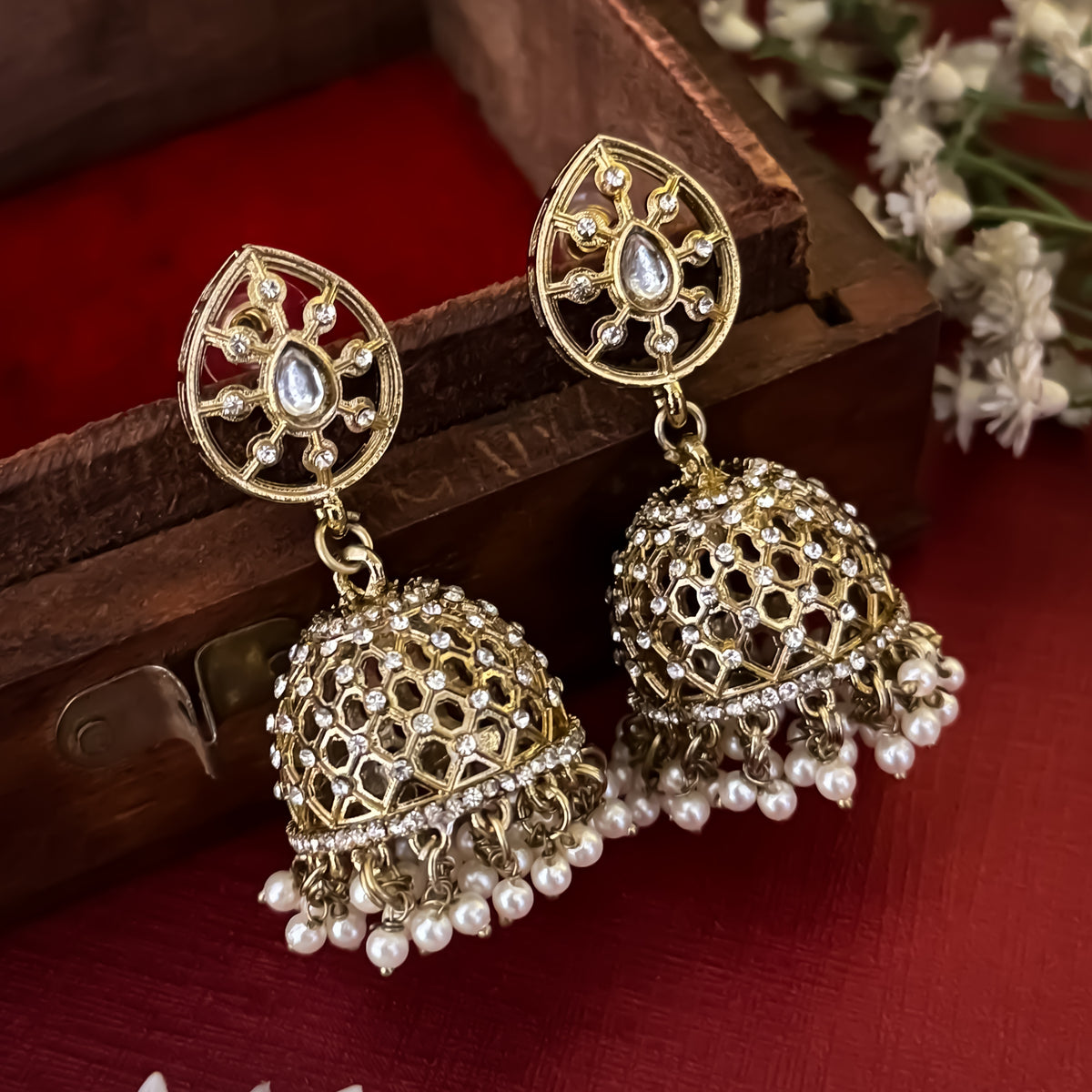 Golden Aneha Cutwork Jhumka Earrings