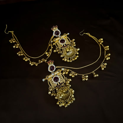 Madhumika Kashmiri Jhumka with Earchain Ghunghroo Earrings - Ruby