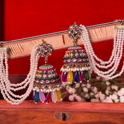 Mehvish Jadau Reverse AD Jhumka Earrings with Earchain - Multi