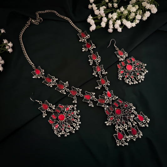 Lotus Afghani Long Necklace with Earrings (Black & Red)