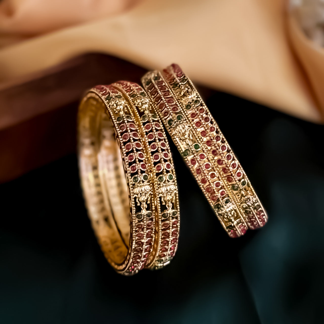 Devyani Lakshmi Temple Gold Bangles - Pink & Green (Set of 4)