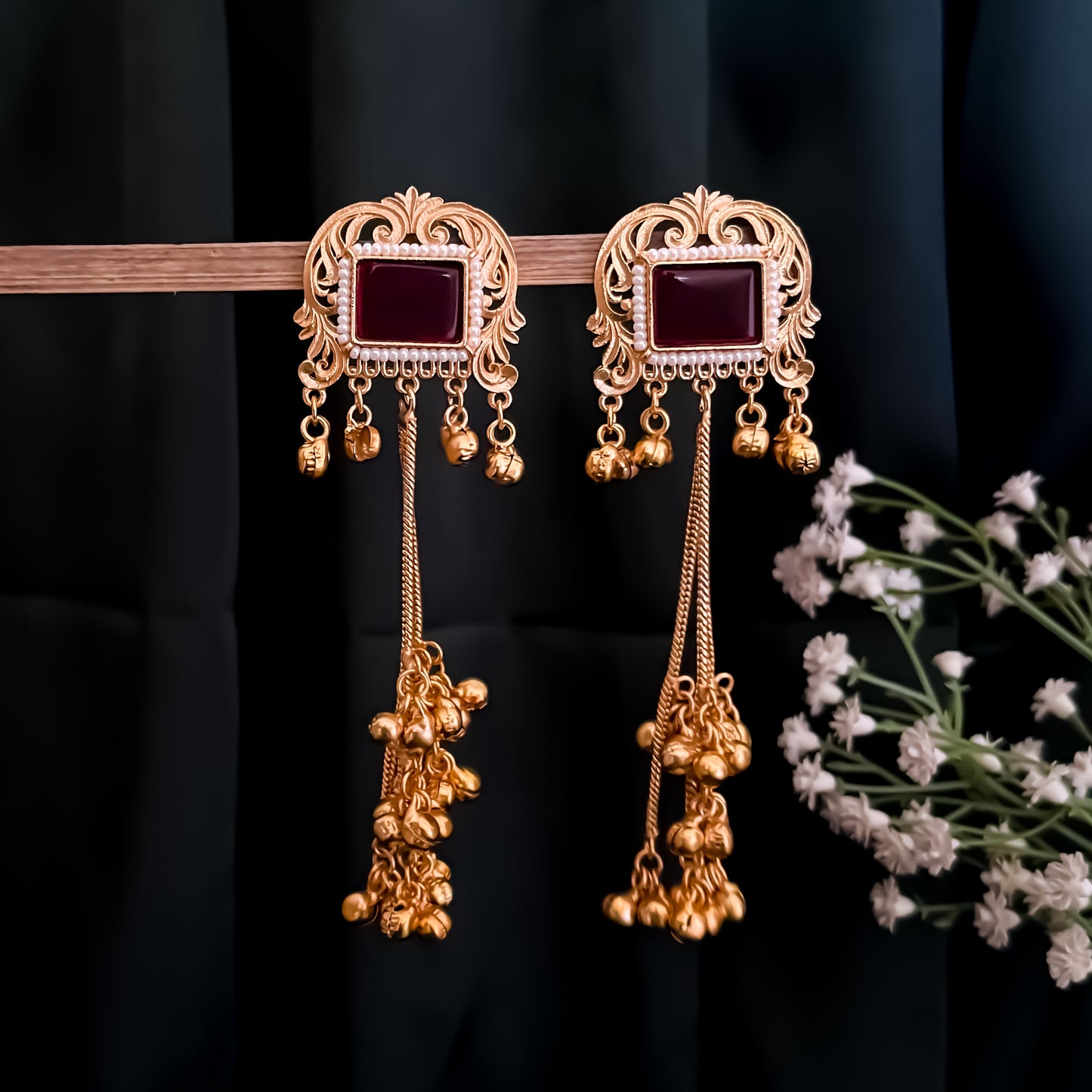 Kuntala Premium Kashmiri Brass Dejhoor Ghungroo Earrings - Golden & Maroon
