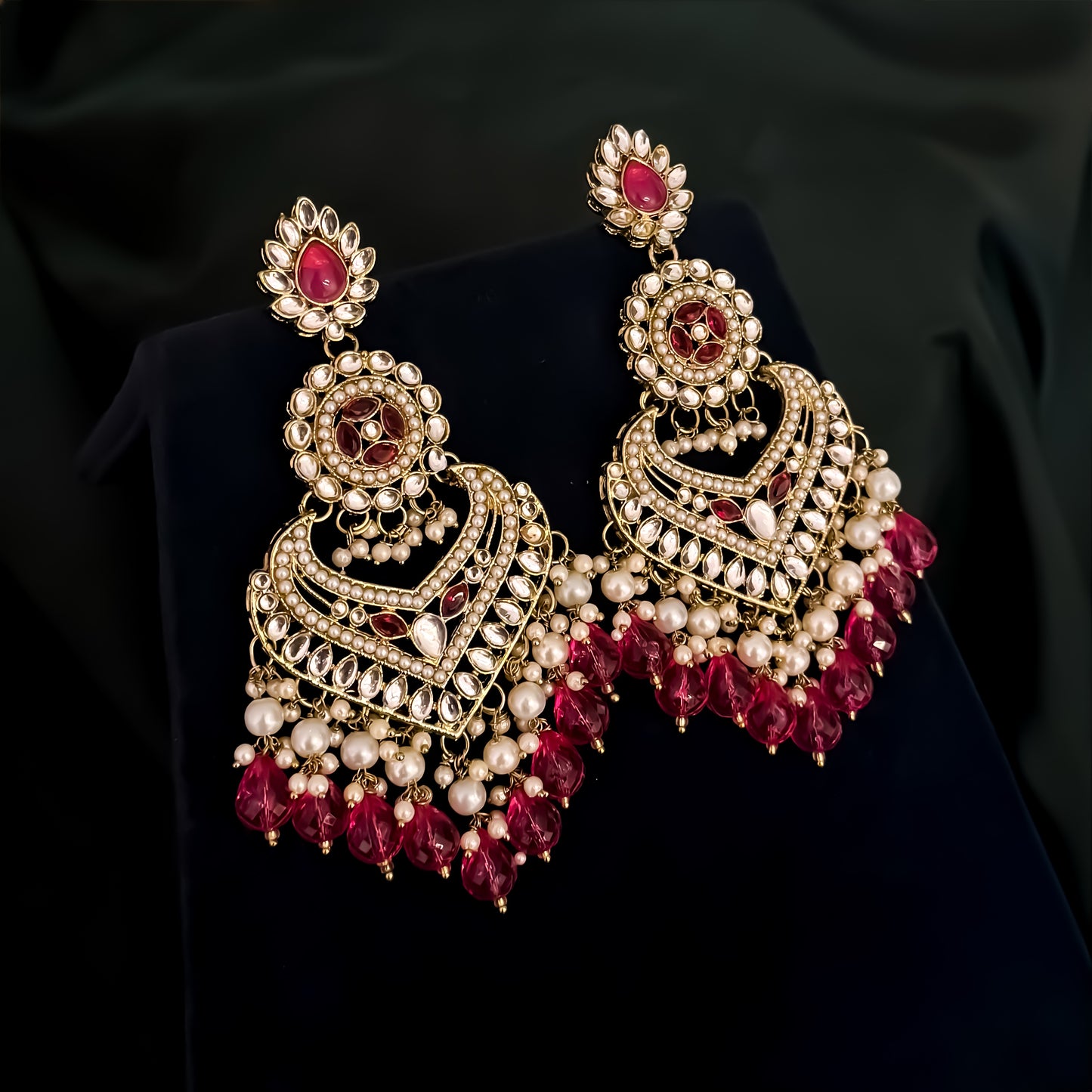 Shaba Jadau Kundan Chandbali Earrings - Hot Pink