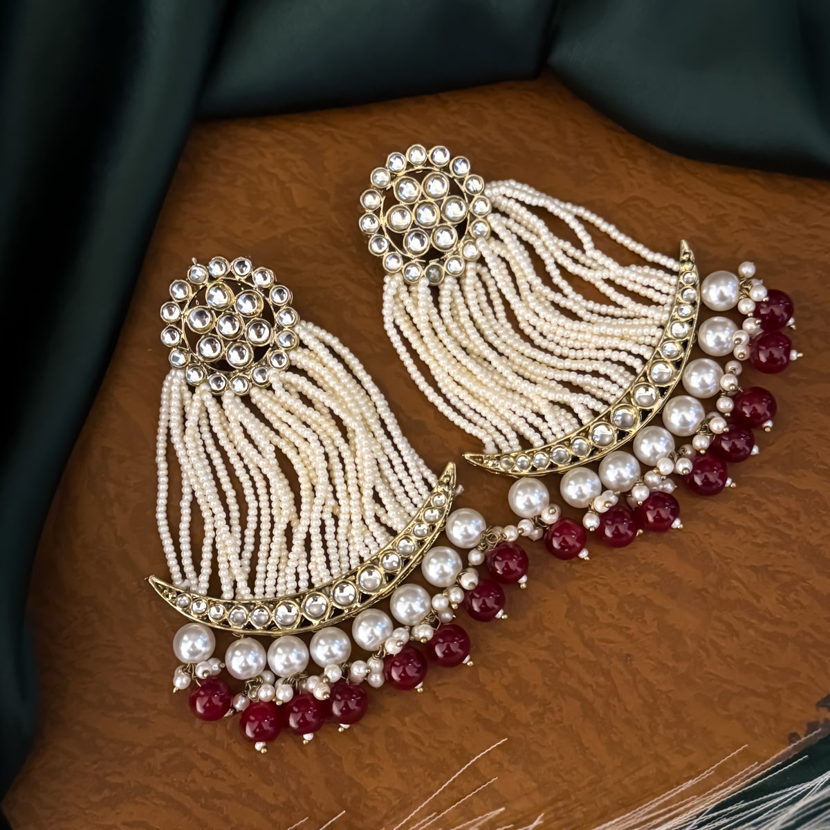 Maroon Nikhat Kundan Pearl Chandbali Earrings