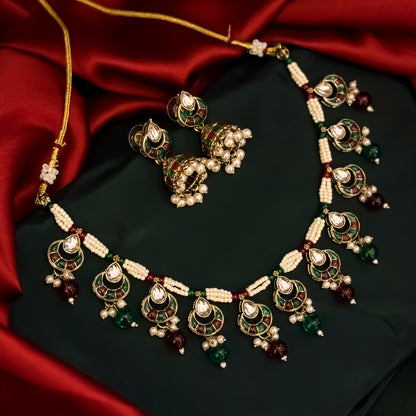 Shradha Premium Kundan Sleek Choker Necklace Set - Maroon & Green