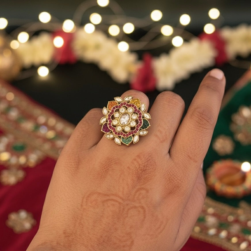 Kosani Jadau Adjustable Ring - Multi