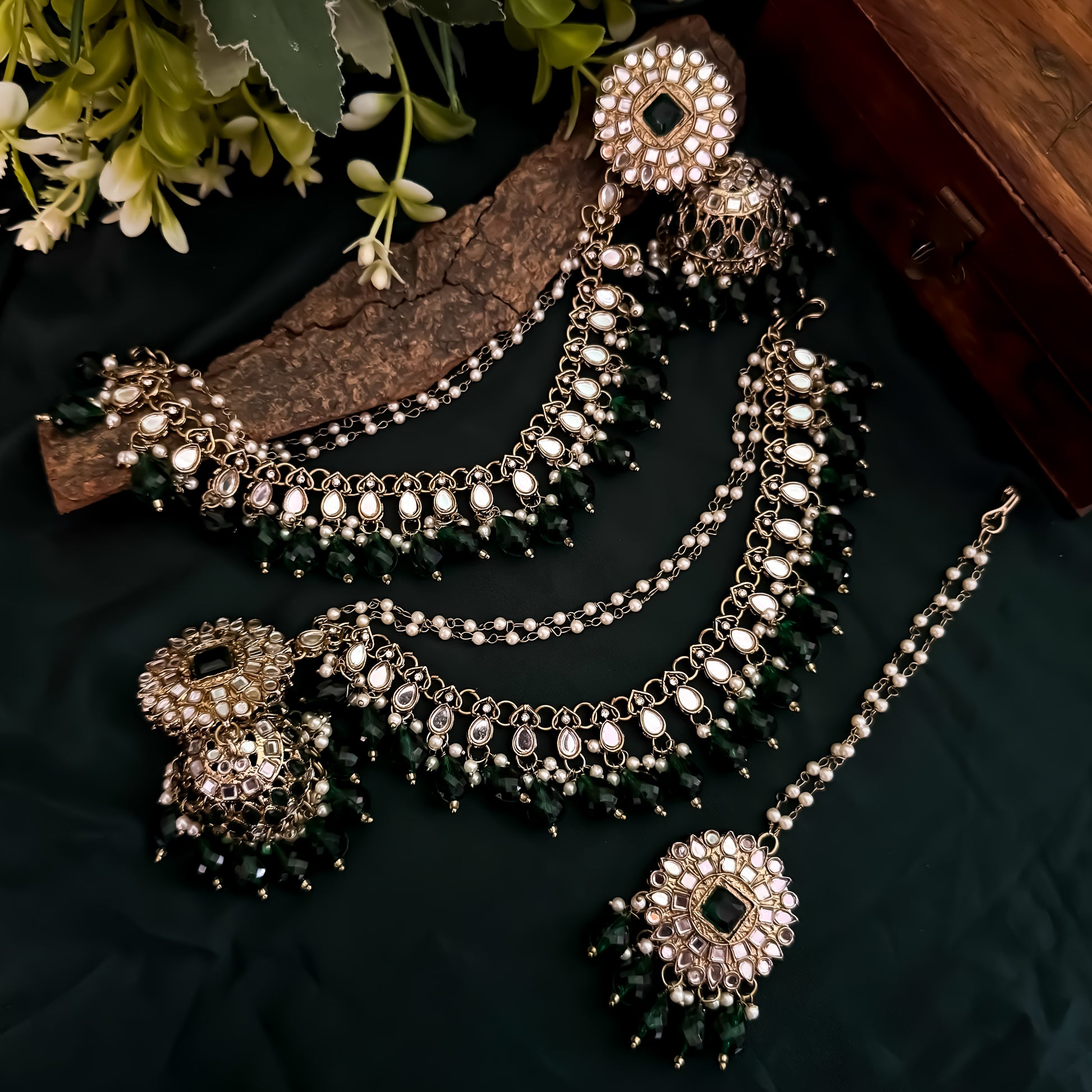 Masaba Mirror Jhumka Earrings with Sahara & Tika Set - Green