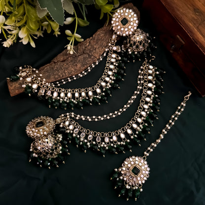 Masaba Mirror Jhumka Earrings with Sahara & Tika Set - Green