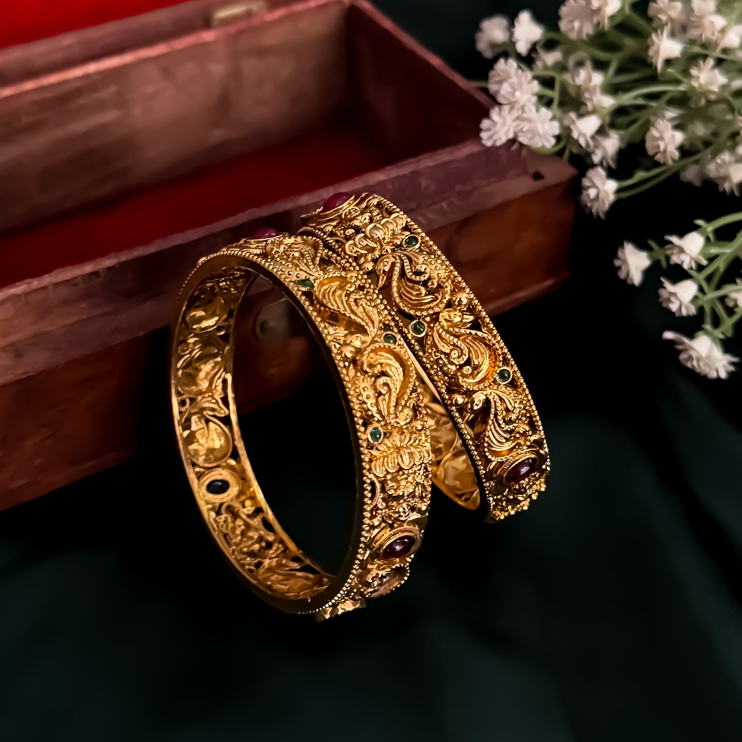 Padmini Peacock Temple Gold Bangles - Set of 2 (Golden)