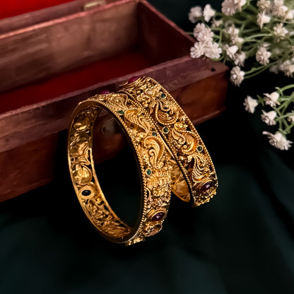Padmini Peacock Temple Gold Bangles - Set of 2 (Golden)