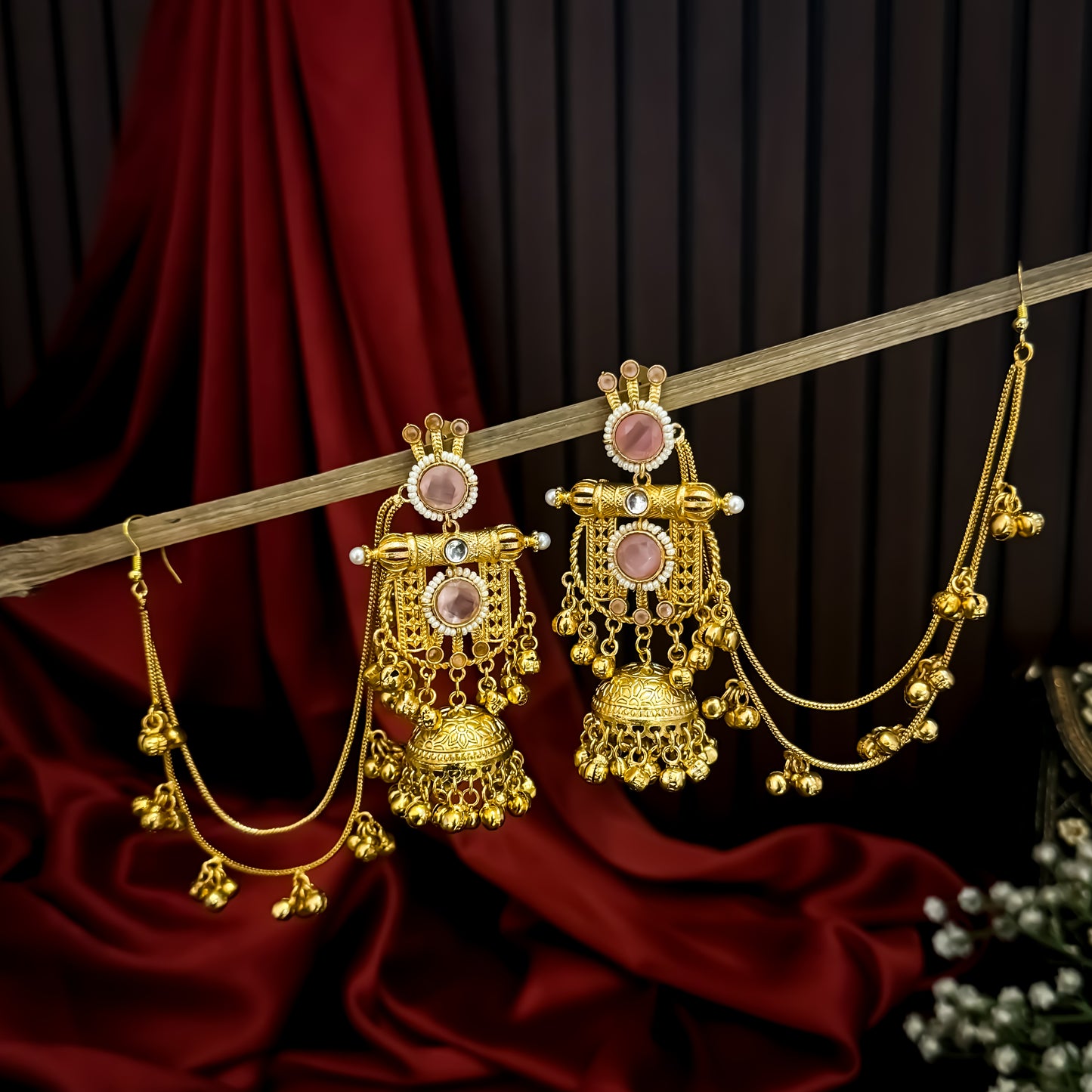 Madhumika Kashmiri Jhumka with Earchain Ghunghroo Earrings - Pastel Pink