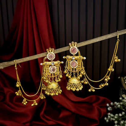 Madhumika Kashmiri Jhumka with Earchain Ghunghroo Earrings - Pastel Pink