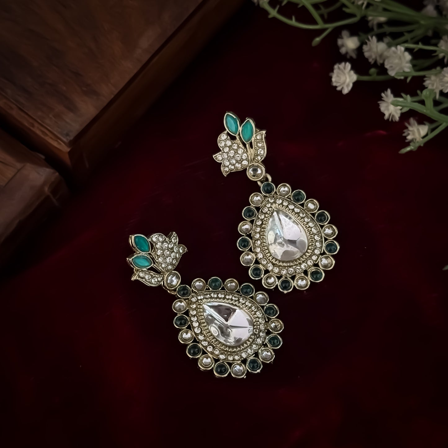 Mansi Kundan Drop Earrings - Green