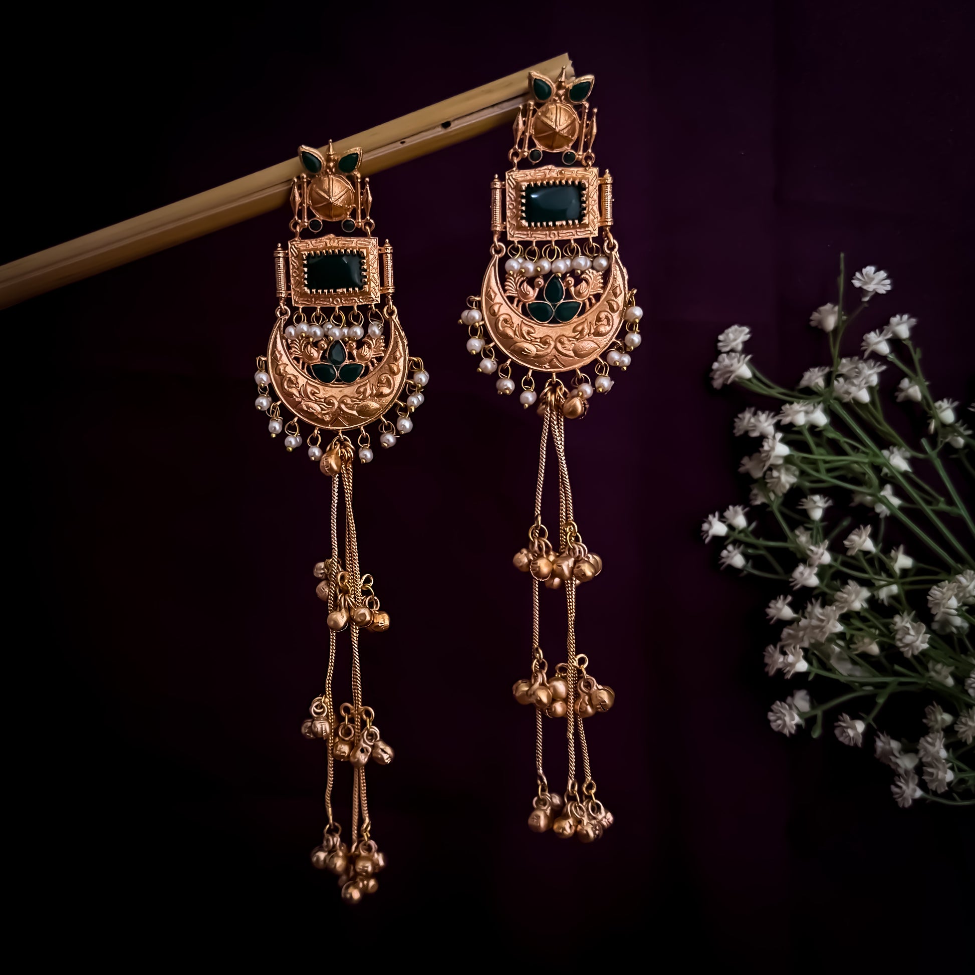 Kishna Kashmiri Brass Ghunghroo Green Chandbali Earrings