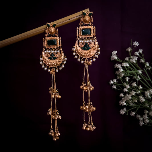 Kishna Kashmiri Brass Ghunghroo Green Chandbali Earrings