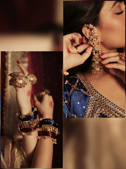Neelkanchi Peacock Premium Kashmiri Brass Jhumka with Earcuff Earrings - Golden (As seen on Aishwarya Sharma)