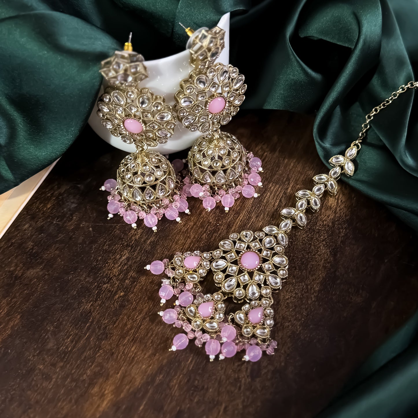 Shabana Premium Kundan Pearl Choker Necklace Set - Baby Pink