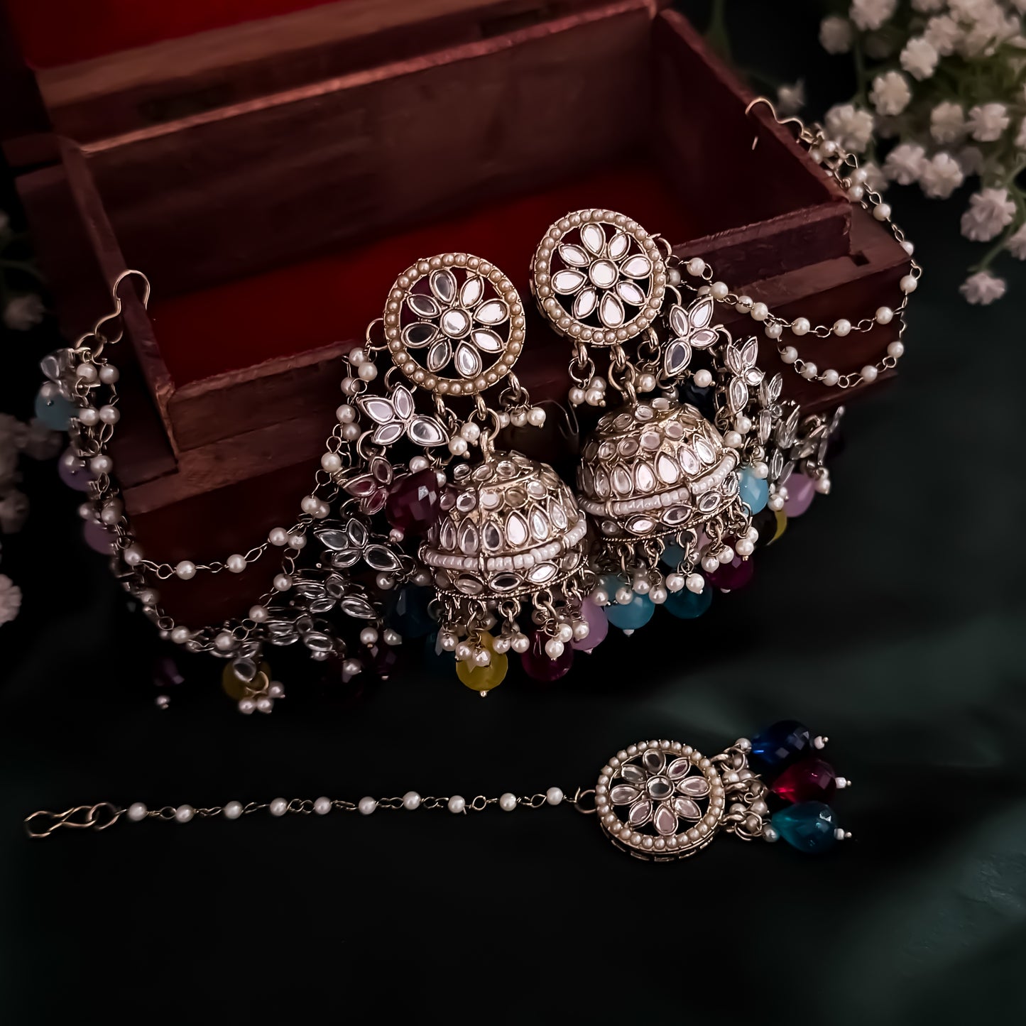 Kashish Jadau Mirror Jhumka Earrings with Sahara/Earchains - Multi