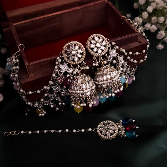 Kashish Jadau Mirror Jhumka Earrings with Sahara/Earchains - Multi