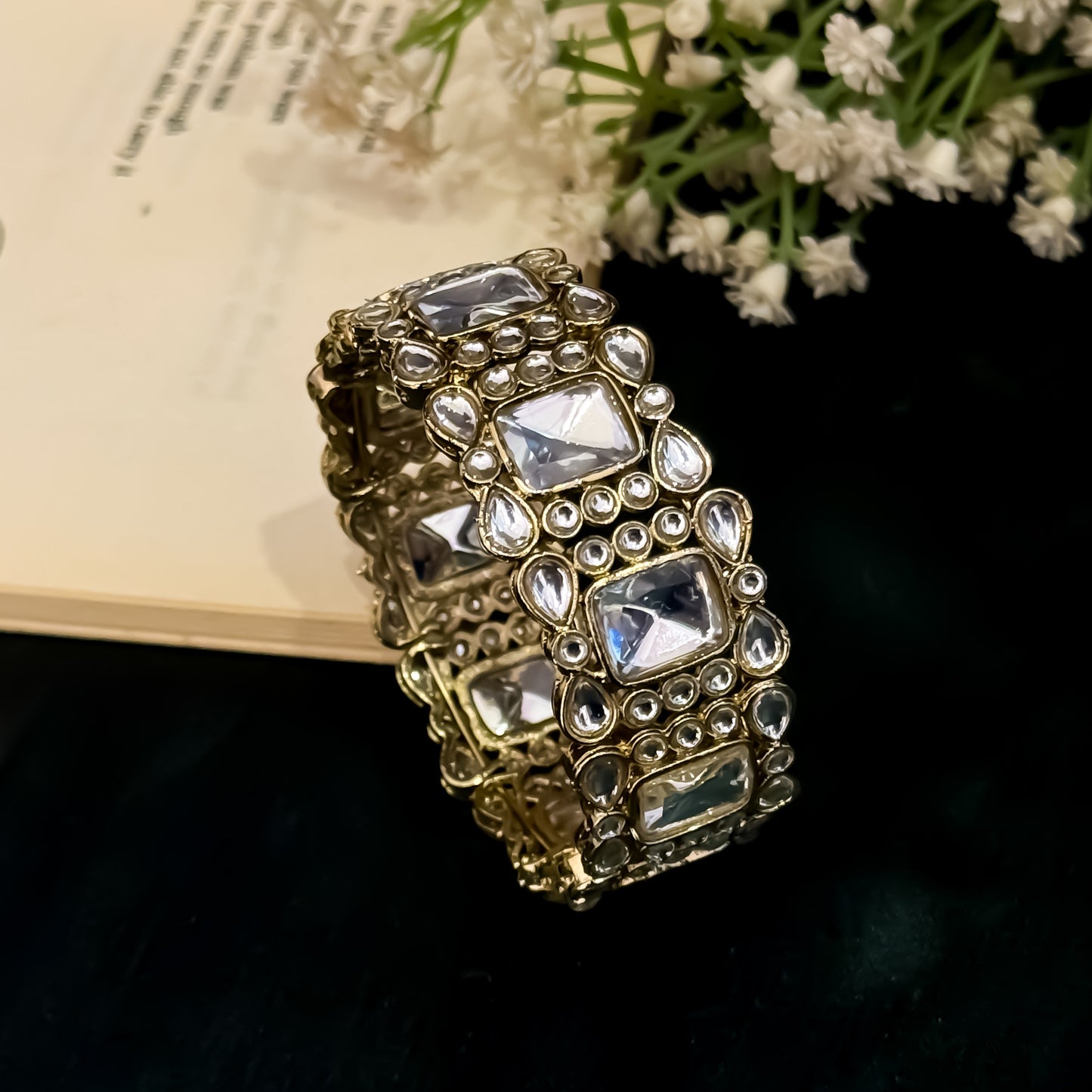 Nihan Kundan Openable Bracelet/Kada - Golden