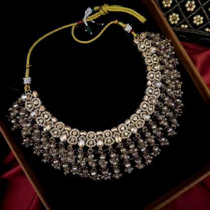 Madiha Premium Reverse AD Necklace Set - Wine