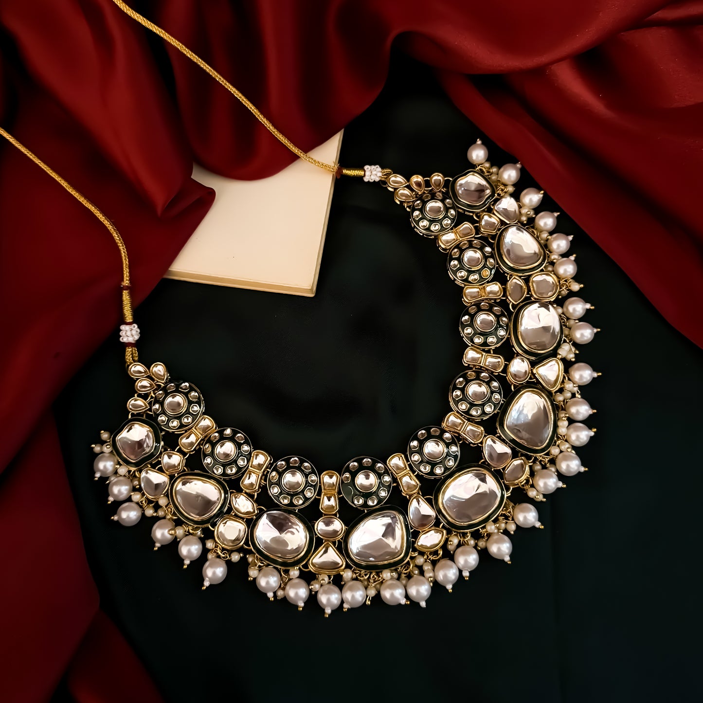 Divisha Premium Kundan Necklace Set - Golden & Green