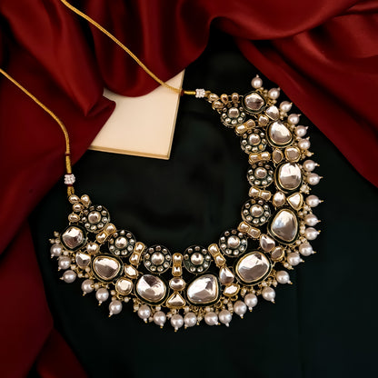 Divisha Premium Kundan Necklace Set - Golden & Green