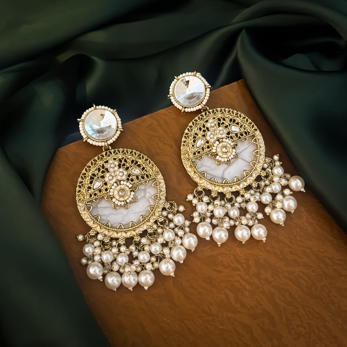 Golden Pallavi MOP Pearl Meenakari Chandbali Earrings