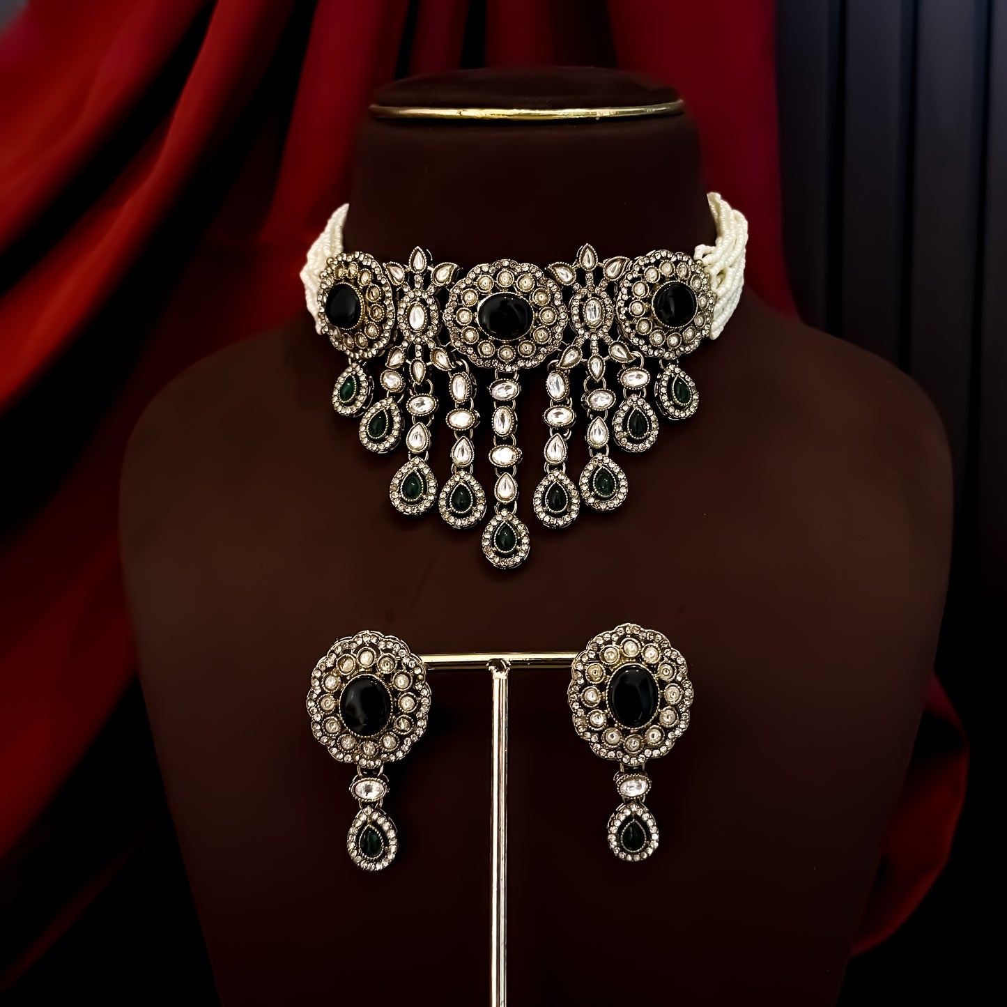 Rumani Premium Victorian Style Choker Necklace Set- Green