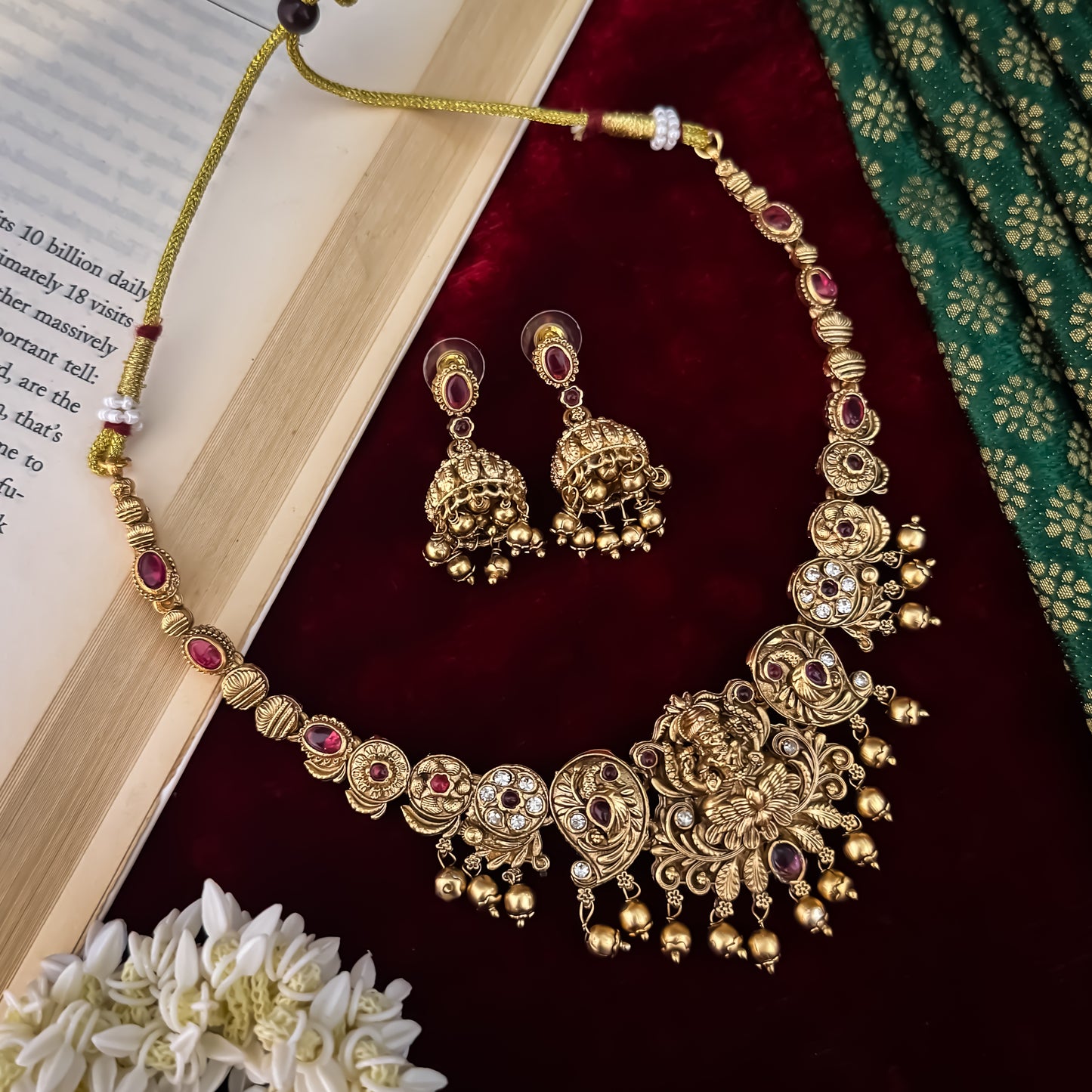 Mrinalini Lakshmi Temple Necklace Set - Gold & Pink
