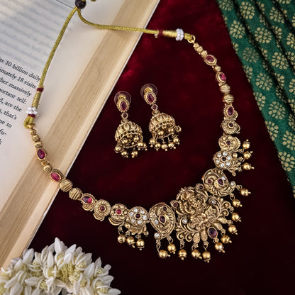 Mrinalini Lakshmi Temple Necklace Set - Gold & Pink