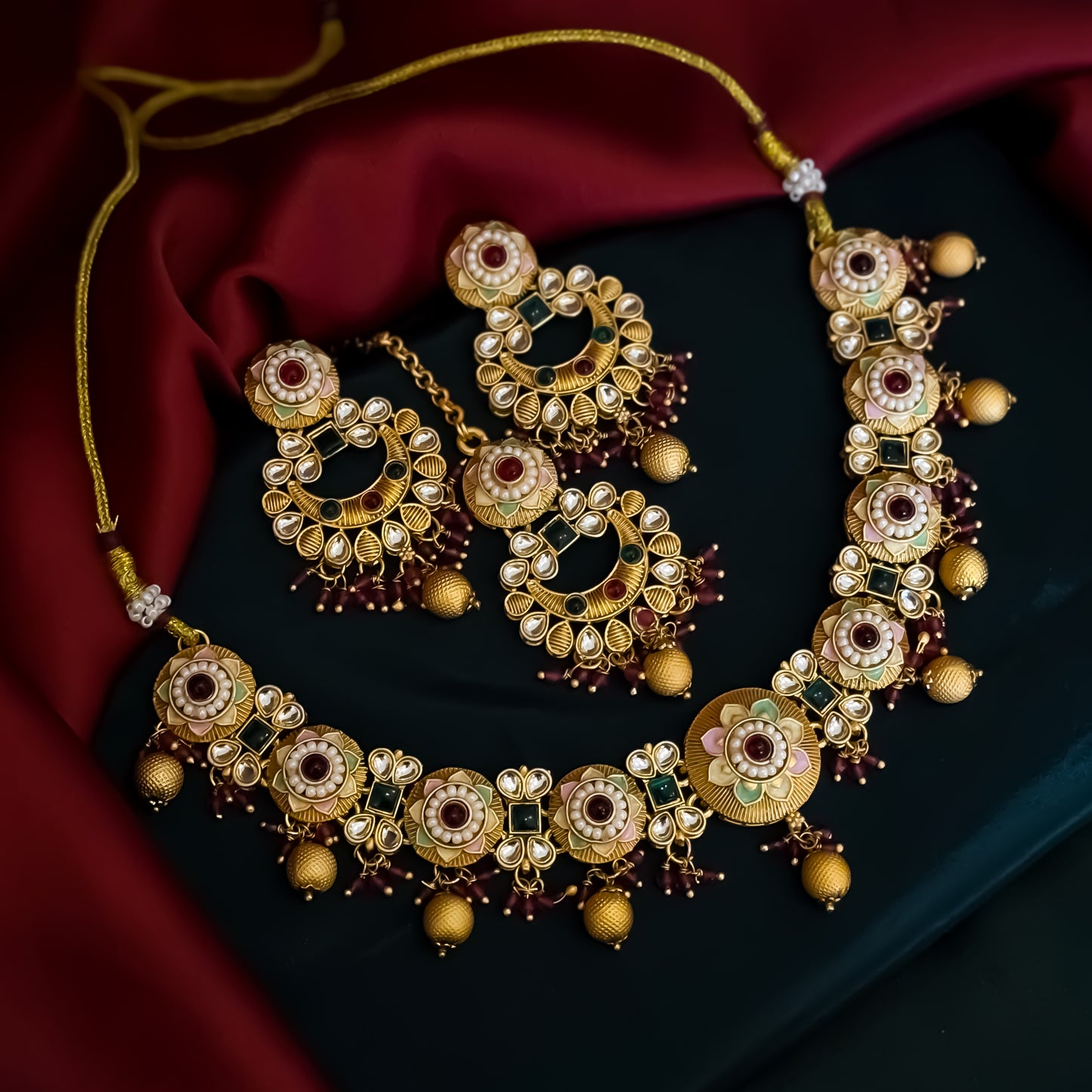 Sayantika Rajwadi Matte Polish Necklace Set - Pink & Green