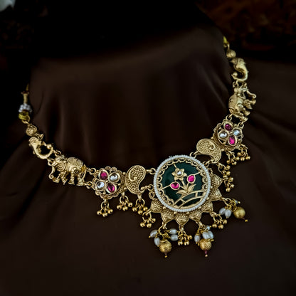 Divyanka Heritage Rajwadi Necklace Set - Pink & Green