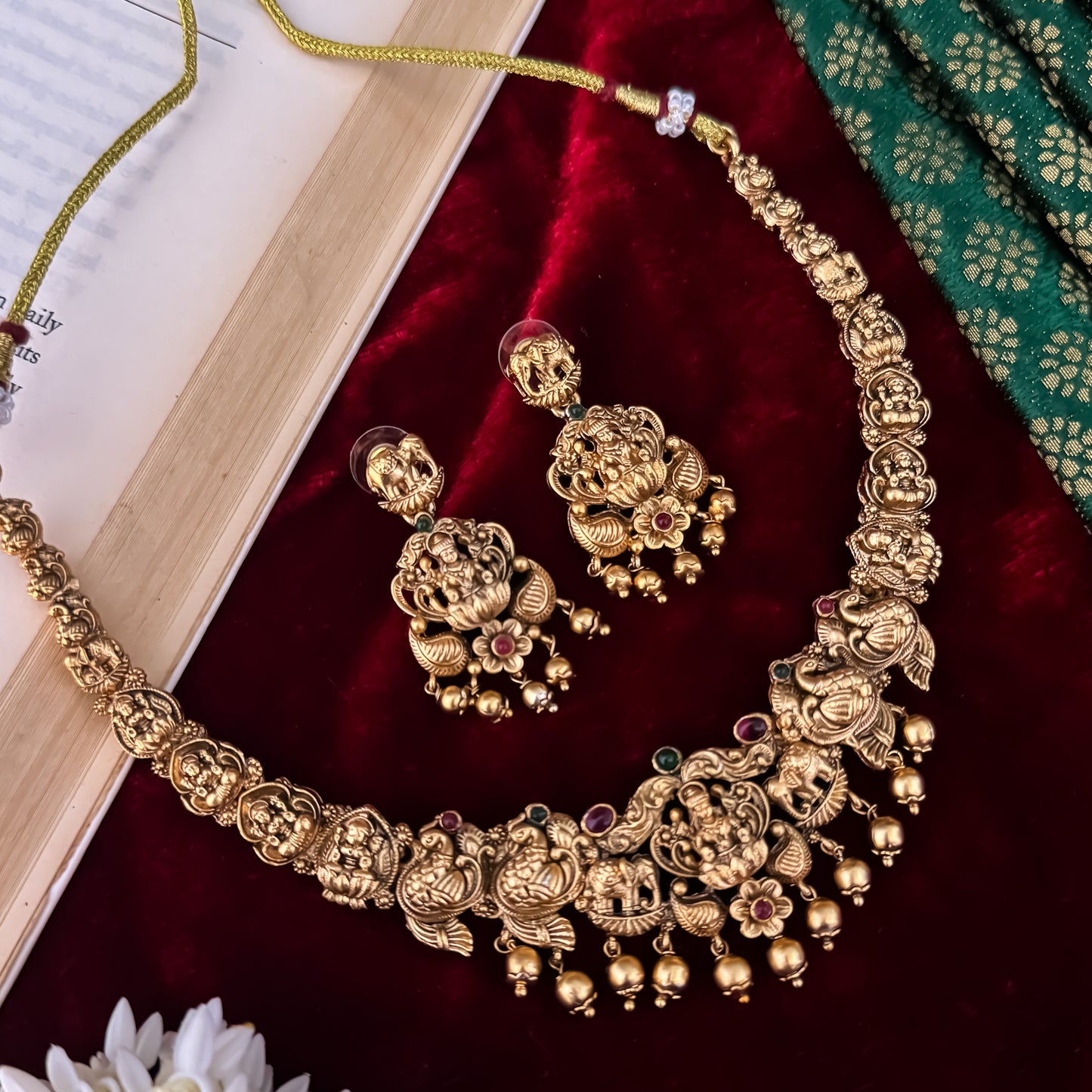 Devika Lakshmi Temple Necklace Set - Pink & Green