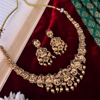 Devika Lakshmi Temple Necklace Set - Pink & Green