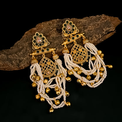 Shambhavi Premium Kashmiri Brass Pearl Chandbali Earrings - Green