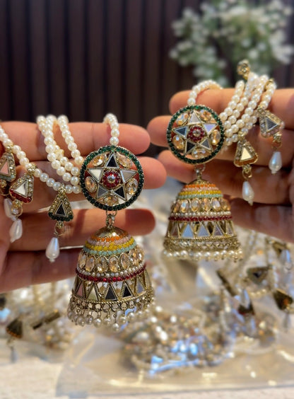Rani Padmavat Jadau Jhumka Earrings with Sahara & Teeka - Multi