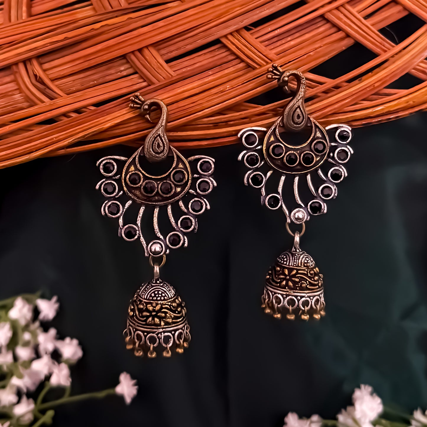 Prena Peacock SLA Dual Tone Brass Jhumka Earrings