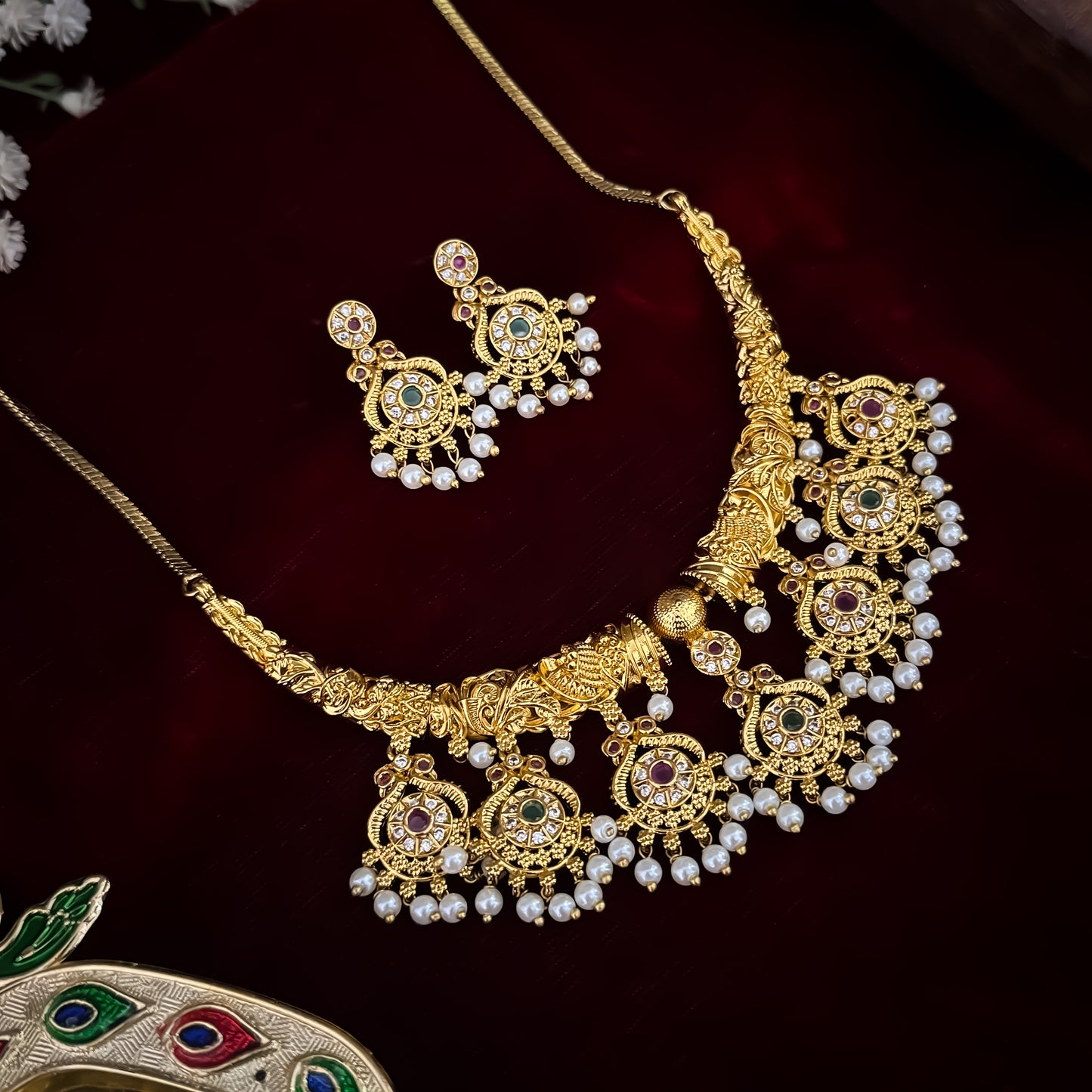 Amrutha Premium Hasli Temple AD Necklace Set - Golden