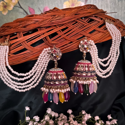 Mehvish Jadau Reverse AD Jhumka Earrings with Earchain - Multi