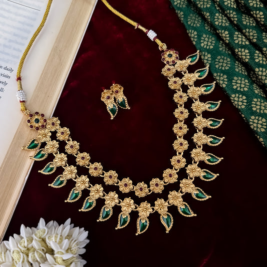 Riva Floral Double Layer Temple Necklace Set - Gold & Green