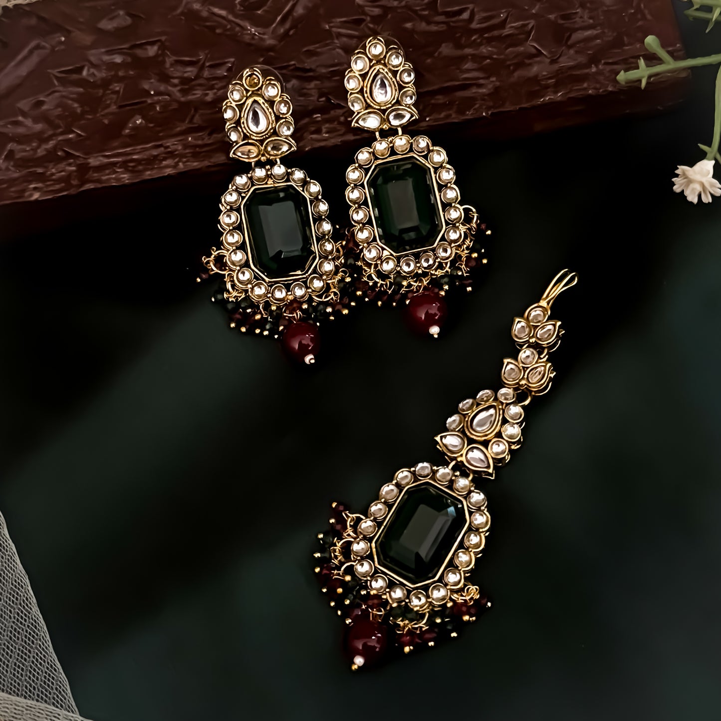 Shriya Kundan Choker Necklace Set - Maroon & Green