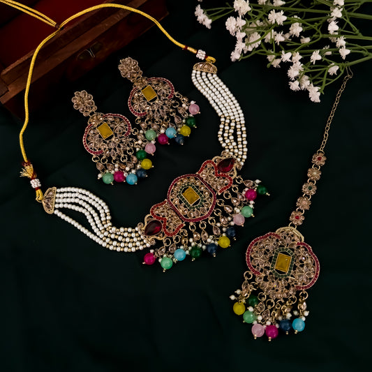 Nihal Reverse AD Necklace Set with Earrings & Teeka - Multi