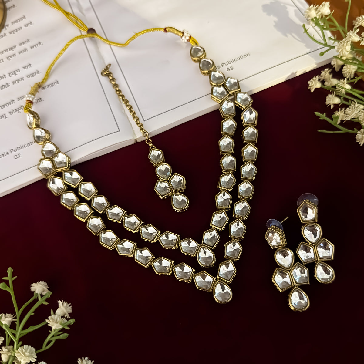 Golden Apeksha Double Layer Uncut Kundan Necklace Set