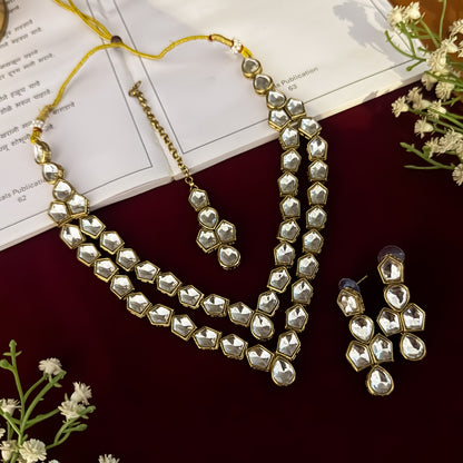 Golden Apeksha Double Layer Uncut Kundan Necklace Set