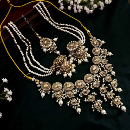 Noorani Reverse AD Necklace Set with Jhumka Sahara Earrings & Teeka - Golden